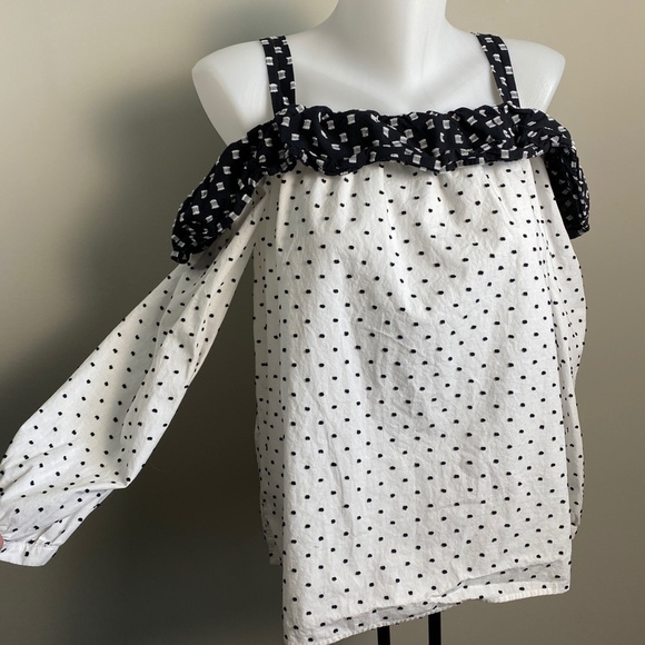 LOFT White Black Polka Dots Long Sleeve Cold Shoulder Top Swiss‎ Dot Size Medium - Picture 3 of 16